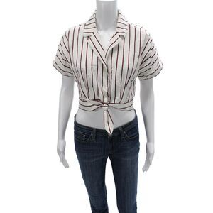 Derek Lam Womens Cropped Striped Cotton Button-Up Blouse White Size M